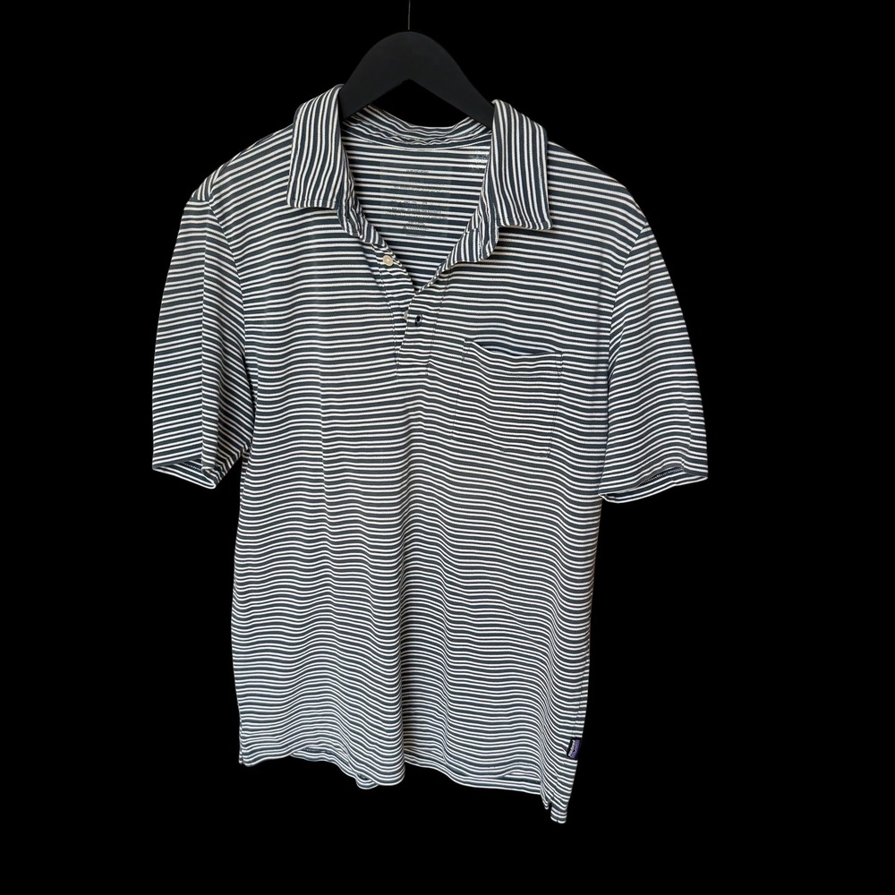 Patagonia Organic Cotton Striped Short Sleeve Polo Shirt Navy White Large